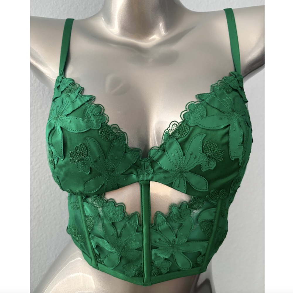 Victoria's Secret Bra Corset Top Nwt Green Floral Appliqué Long Line Medium M